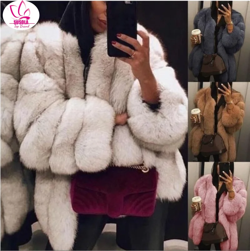 SUSOLA Fake Fox Fur Coat Silver Fox Fur Coat Women Winter Black Coat Long Sleeve Jacket Outerwear Women Trend Casaco Feminino