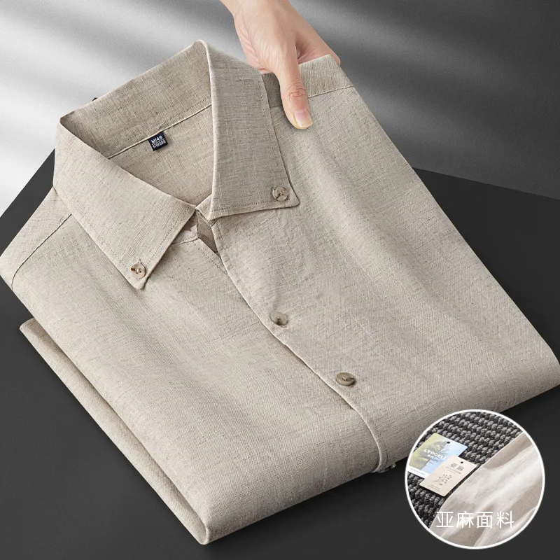 Relaxed Old Money Style Casual Linen Shirt for Men, New Autumn Collection, Light Business Casual Turn-Down Collar Solid Color Shirt