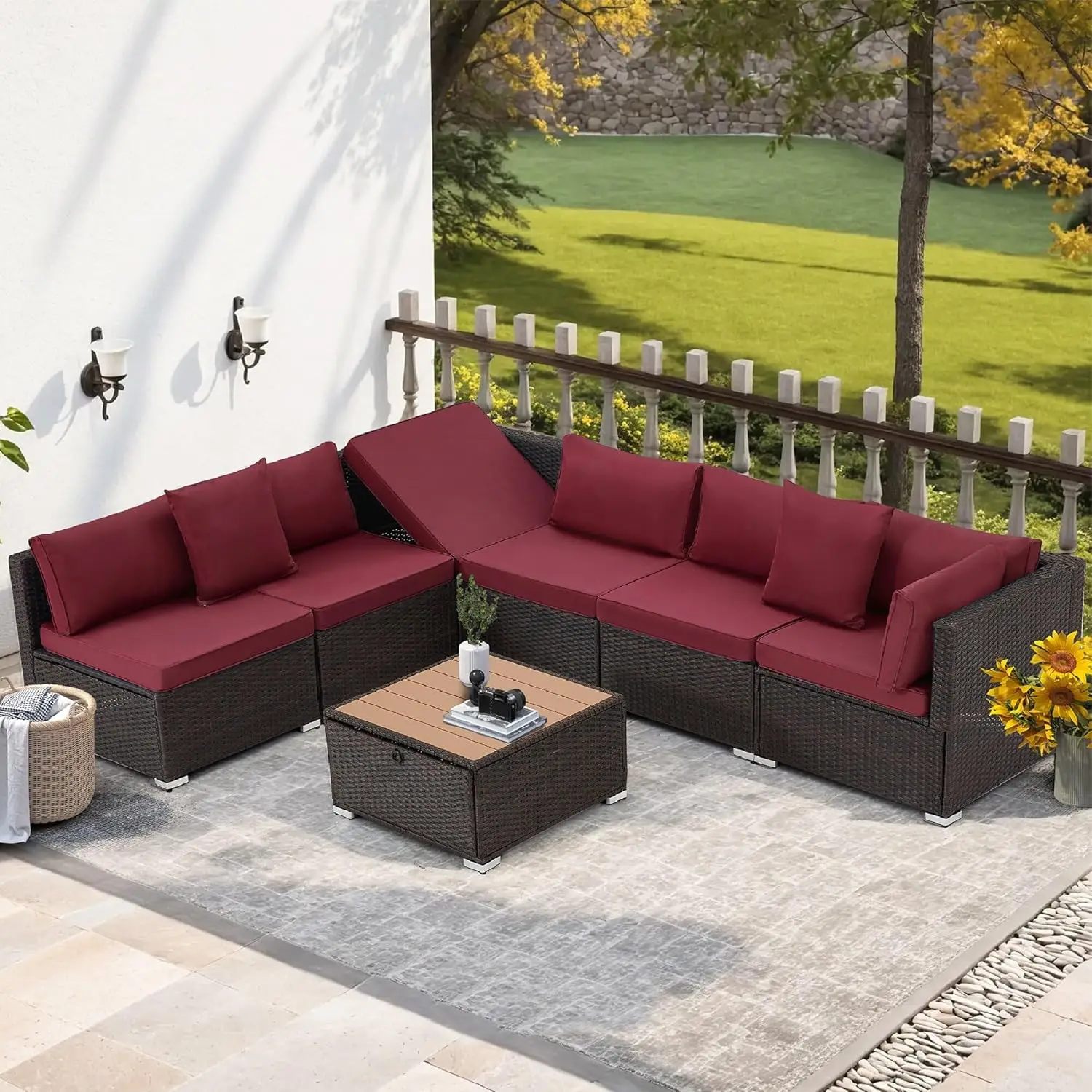 

7 Piece Outdoor Patio Furniture, Hand Woven PE Rattan Patio Conversation Sets, Outdoor Sectional Set with Glass, Customized