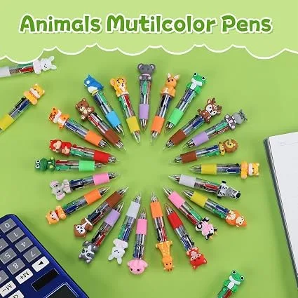 24 PCS Cute Animal Multicolor Pens, 4 Color Retractable Ballpoint Pen Set