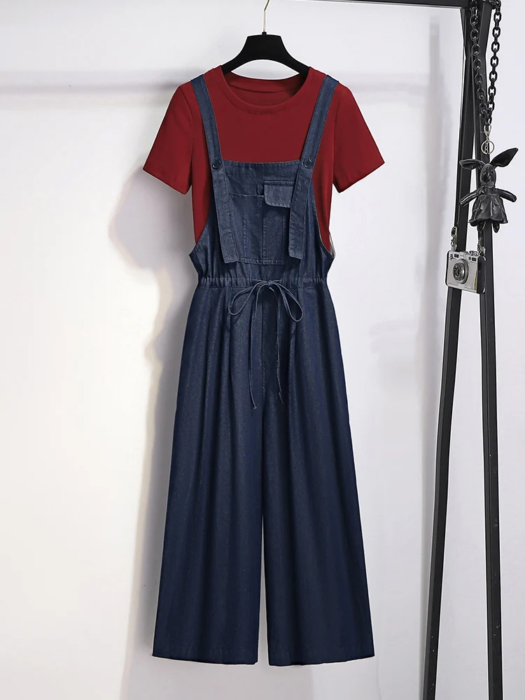 

Повседневные джинсовые комбинезоны, женские летние новые модные комплекты из двух предметов ort Sve round Ne Long Pants Student School Un...