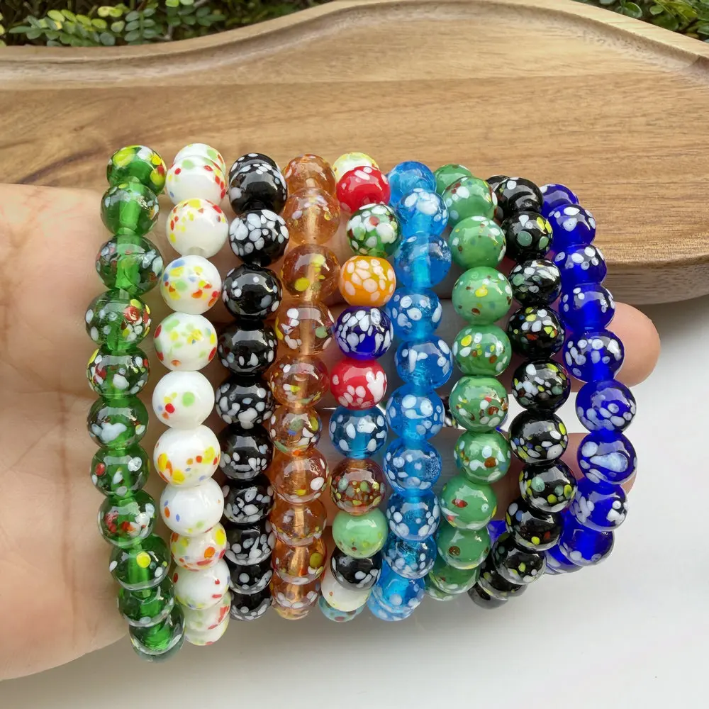 Millefiori Lampwork Glass Bead Bracelet Colorful Spotted Round Beads Elastic Bracelet Handmade Boho Stackable Bracelets For Wome