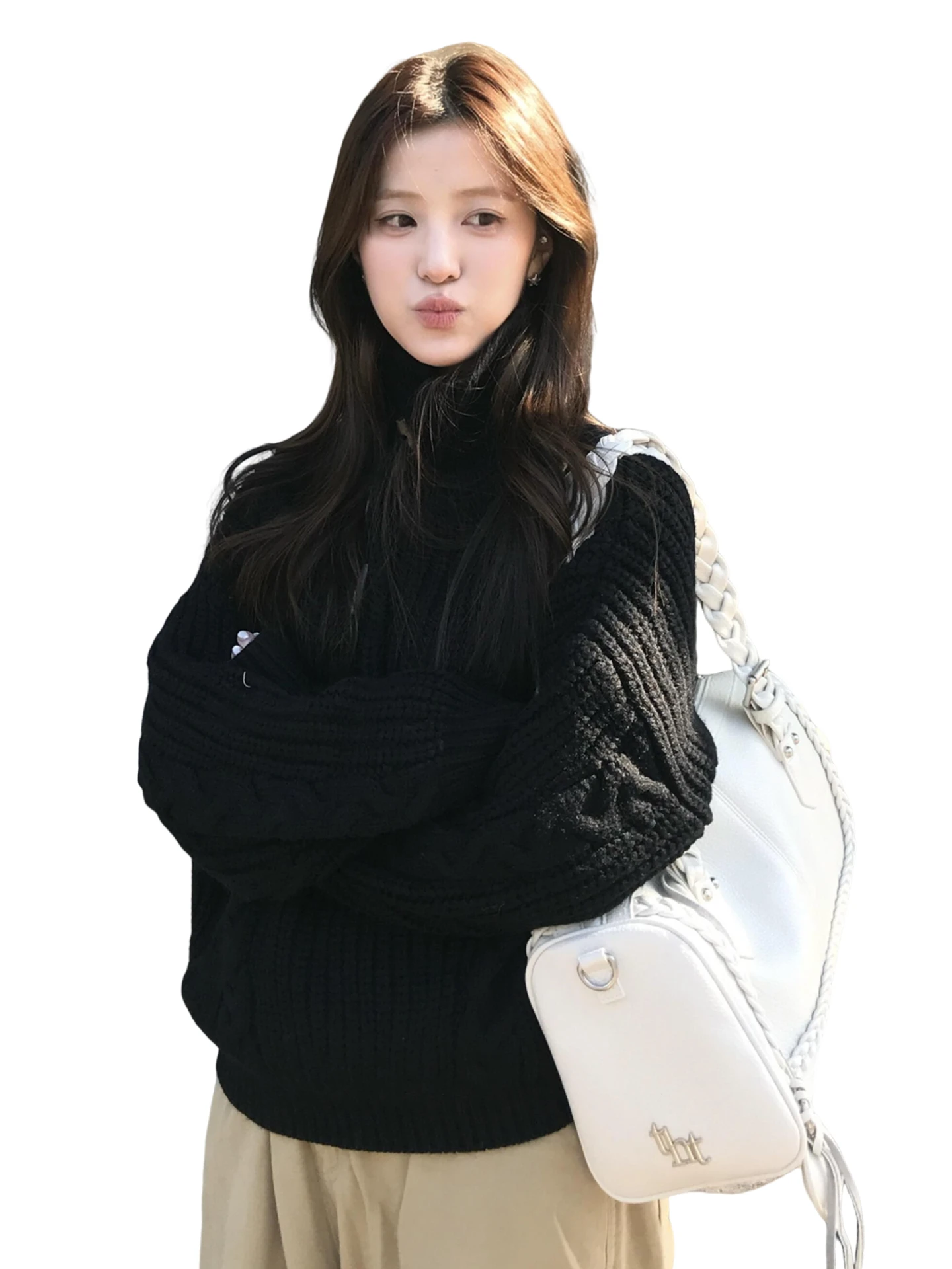 เสื้อสเวตเตอร์คอสูงทรงหลวม ดีไซน์บิดเกลียว สำหรับผู้หญิง ฤดูใบไม้ร่วง ฤดูหนาว สไตล์เกาหลี ให้ความรู้สึกหรูหรา ดูสบายๆ