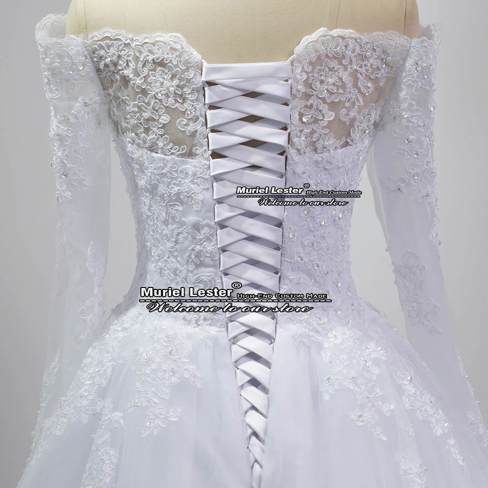 Robe de mariée blanche ligne A pour femme, photo réelle, appliques à manches longues, perles, patients formels, tout ce qui est sur mesure, robe à lacets dans le dos