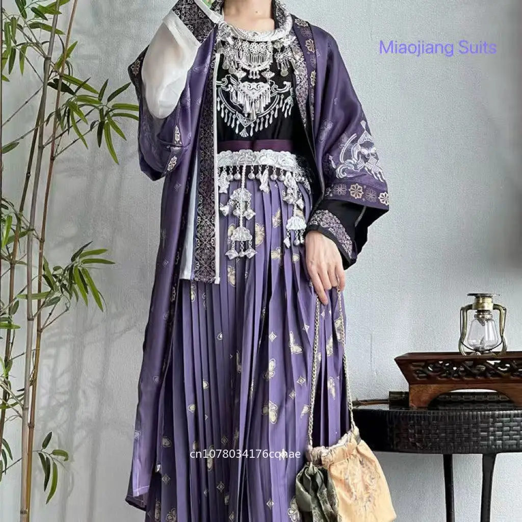 

National Style Chinese Hanfu Women's Traditional Miaojiang Purple Dress Niche Exotic Ethnic Stage Show Cosplay Costume Female