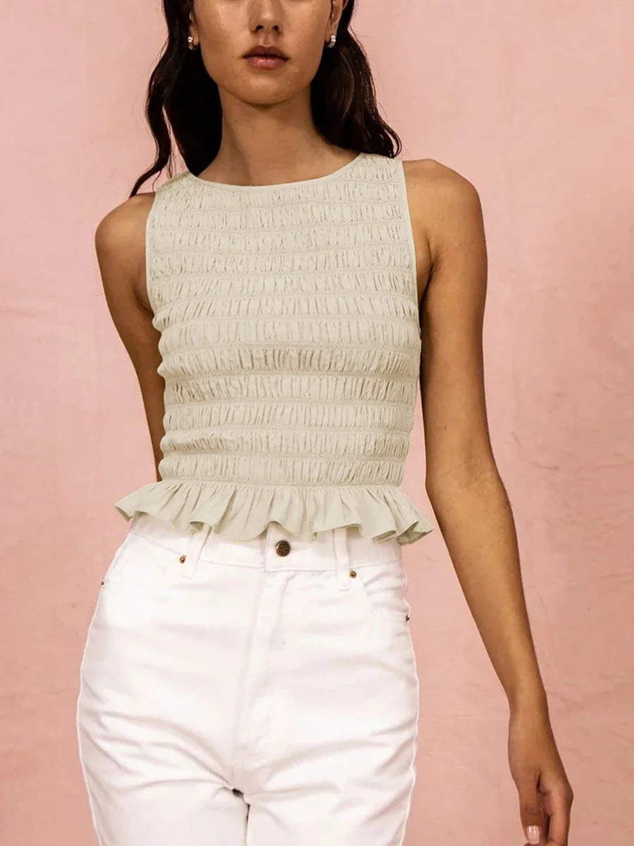 

Yk2 Clothes Women Summer Frill Smocked Vest Sleeveless Shirred Ruffle Tank Top Slim Fit Elastic Tee Crop Tops