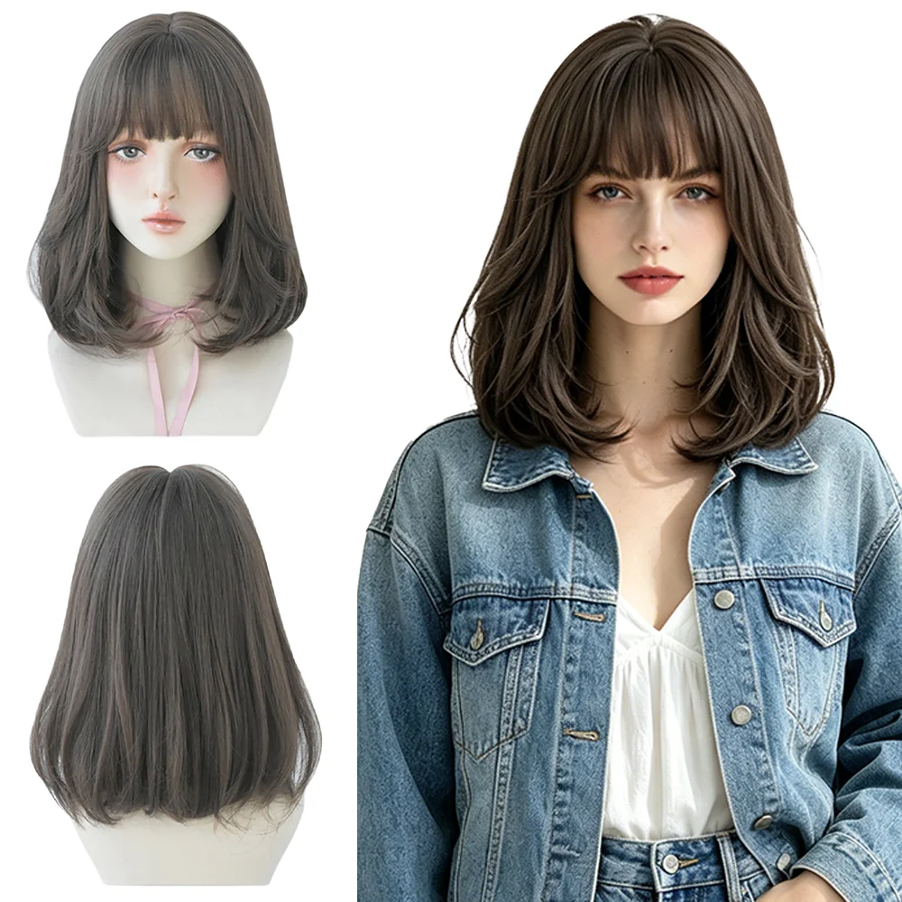 36CM Cool Brown Wig Women Shoulder Length Layered Bob Wig Air Bangs Natural Synthetic Full Cap Wig For Daily Use Cosplay Party
