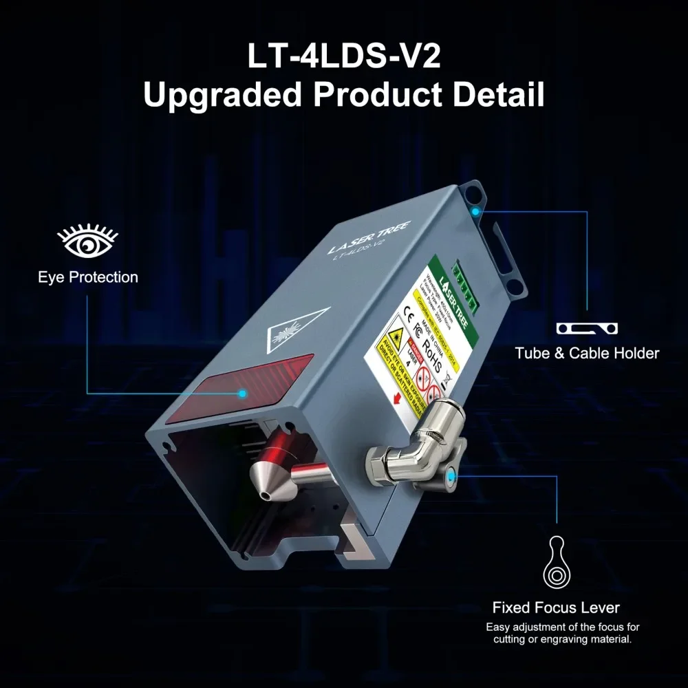 LASER TREE 4LDS-V2 20W Optical Power Laser Engraving Module with Air Assist Blue Laser Cutting Head for Plywood Acrylic Leather