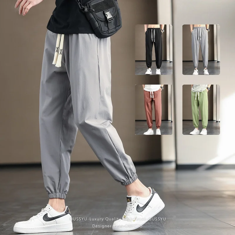 2026 New Summer Thin Ankle Length Tapered Casual Pants Men Baggy Elastic Waist Drawstring Korean Grey Green Harlan Trousers Man