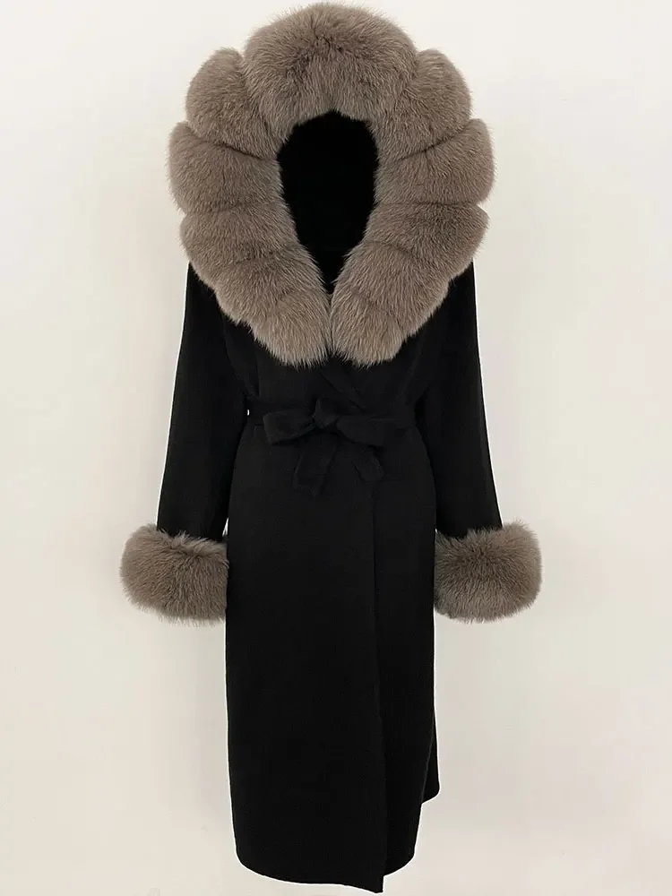 معطف شتوي نسائي طويل غير رسمي أنيق لعام 2025 معطف فرو الثعلب الطبيعي الحقيقي مع قلنسوة وياقة قابلة للفصل سترة صوفية مزدوجة الوجه #6