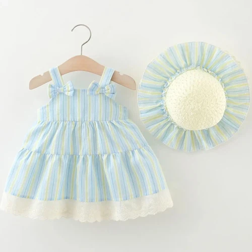 순면 활 귀여운 원피스 원피스, 0-4 세 여아, 원피스 및 빨대 모자, 2025 여름 신상 