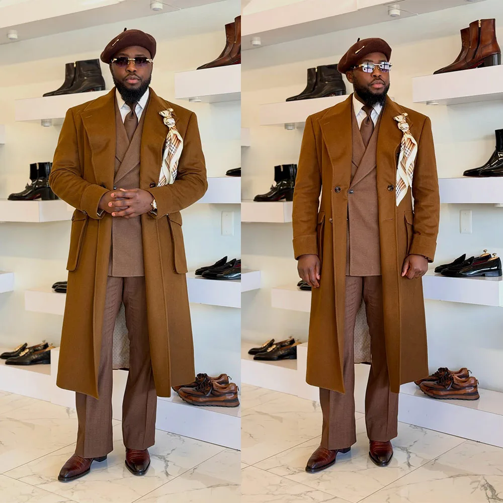 Classic Caramel Wool Overcoat with Double-Breasted Notch Lapel Men Winter Long Topcoat Jacket Outerwear Customized E2610