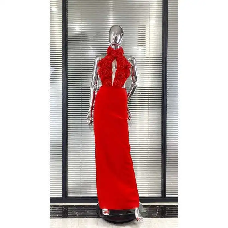 فستان سهرة طويل مثير برقبة رسن من LEOSOXS مزين بالورود ثلاثي الأبعاد فستان ضيق بتصميم أنيق بدون ظهر للمناسبات الرسمية