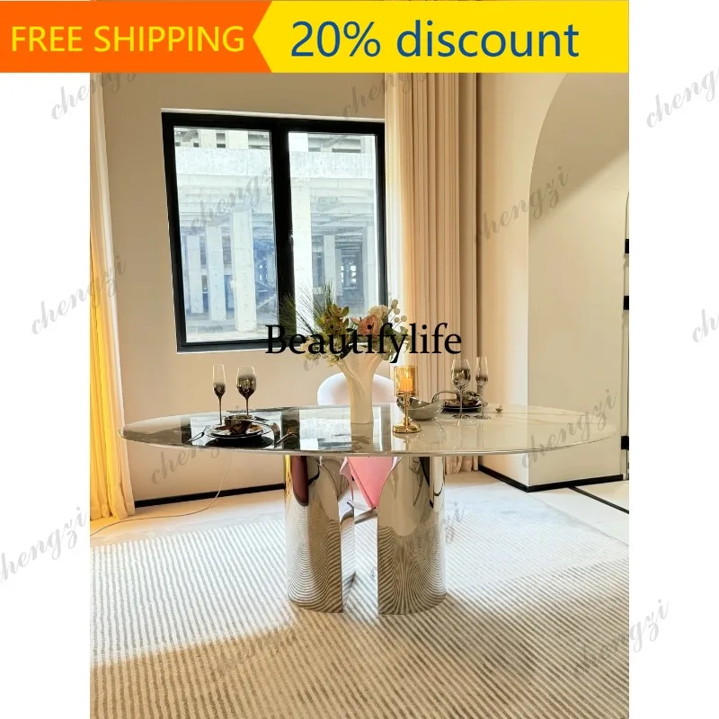 CC  Natural green diamond luxury stone dining table water drop designer living room oval marble dining table
