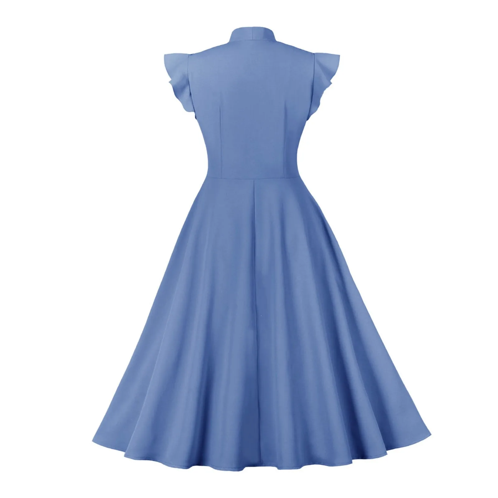 Blue Pleated Vintage Dress Women Fashion Solid Color Waist Tie Up Ruffle Sleeve Large Swing Dress Summer Rockabilly Dresses