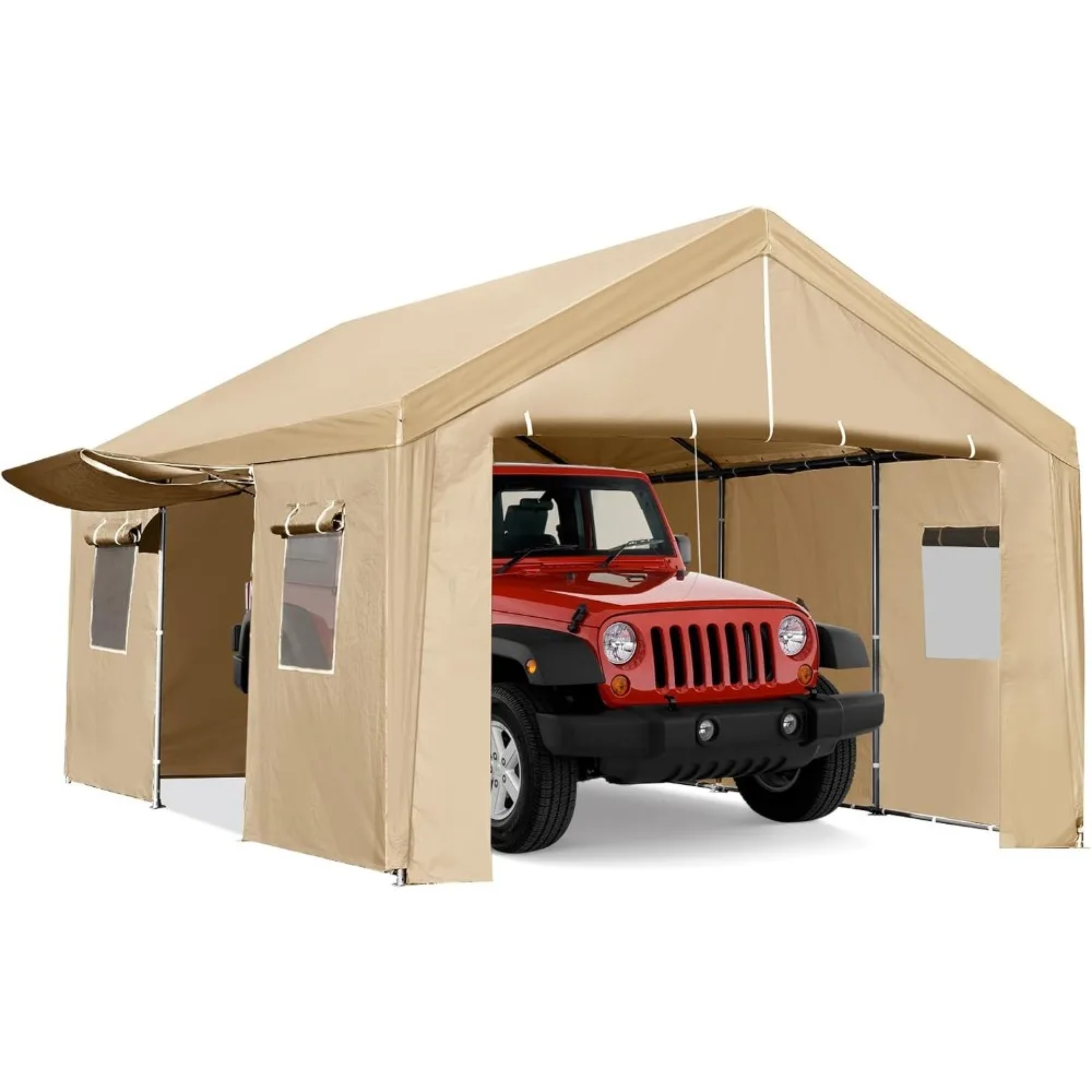 10x20ft Carport with Removable Sidewalls & Doors, Reinforced Metal Frame for Automobiles, Truck, Boat, Heavy Duty Garage Tent