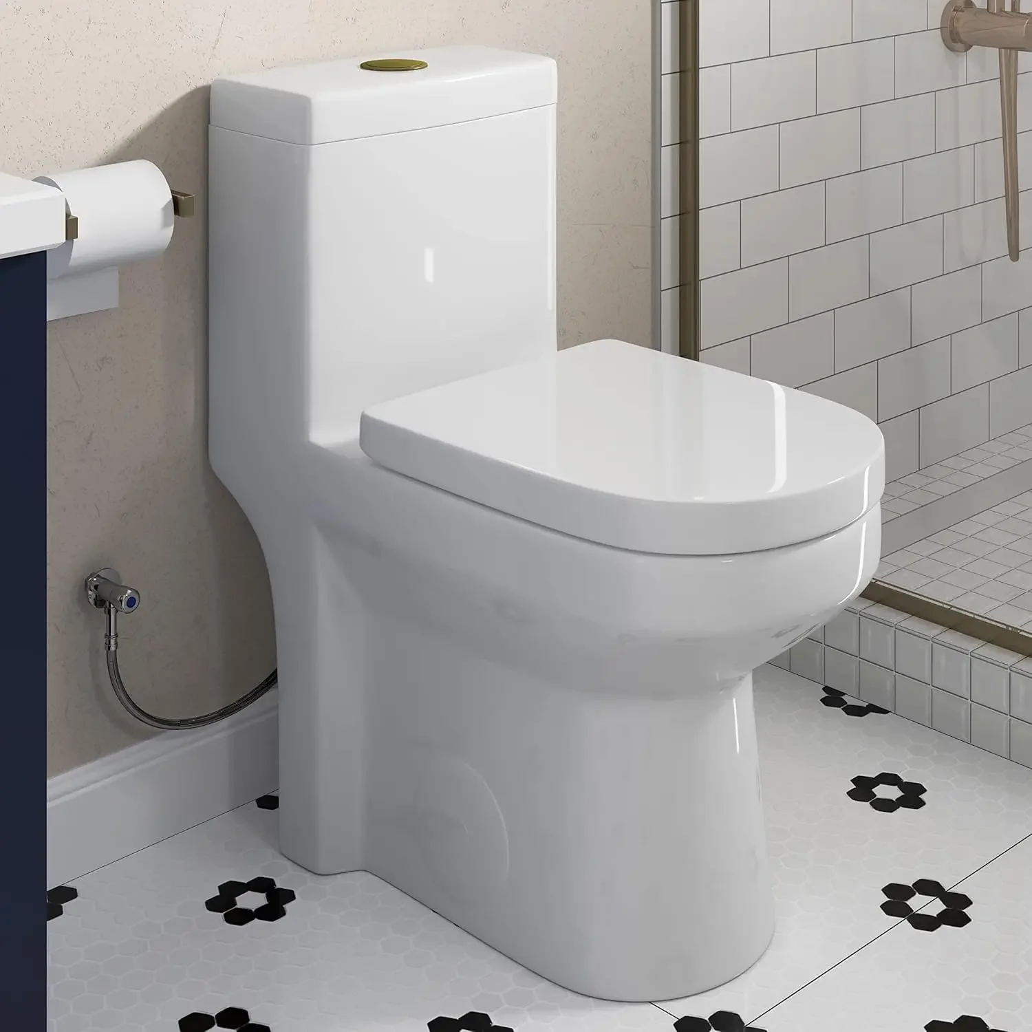 

Small Compact One Piece Toilet For Bathroom, Powerful & Quiet Dual Flush Modern Toilet, 12'' Rough-In Toilet & S