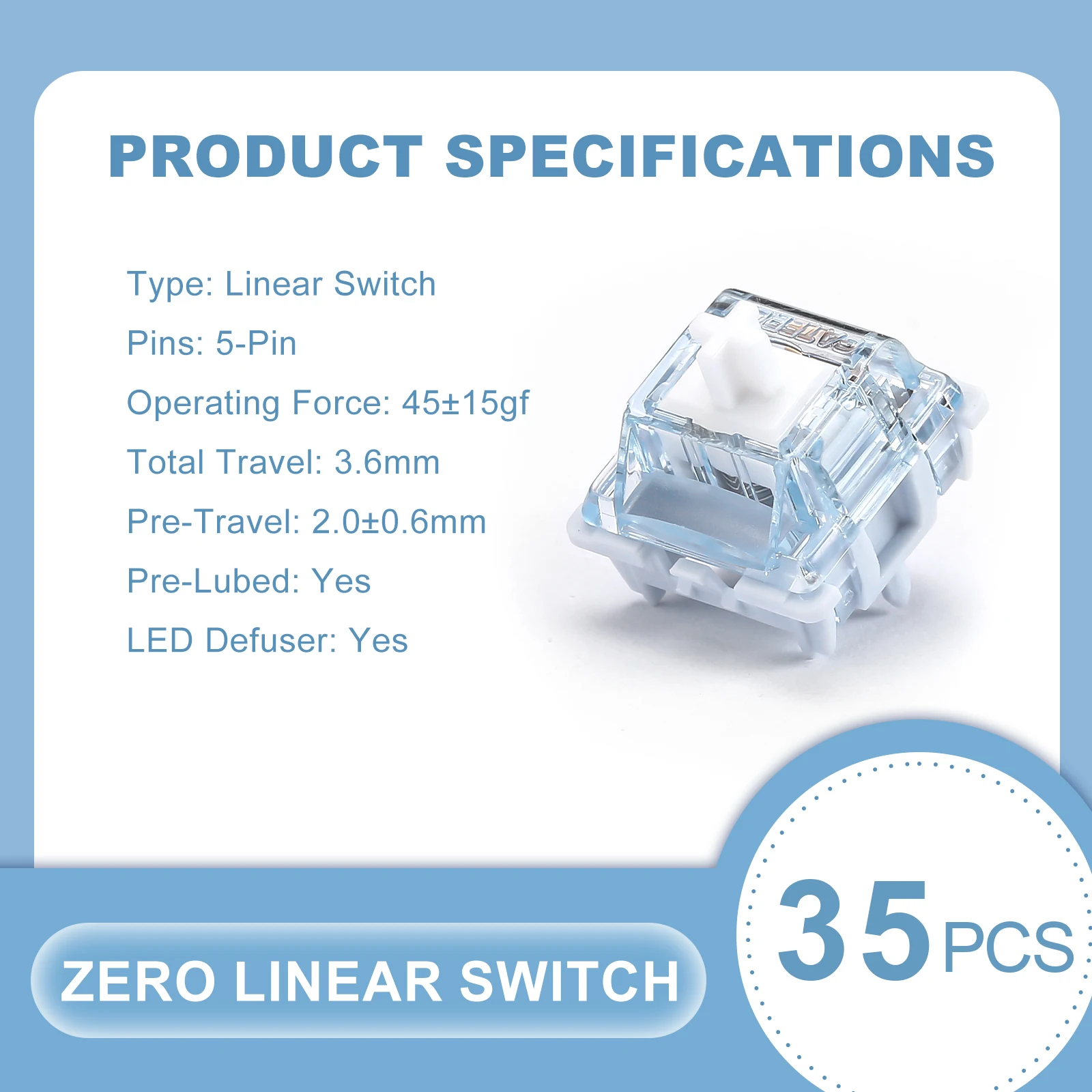 Yunzii-ホットスワップゲーミングキーボードおよびmxキーキャップ用のGateronゼロリニアスイッチ、事前に潤滑されたメカニカルスイッチ、5ピン、パックあたり35個