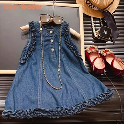 Bear Leader Summer 2024 New Girl Fungus Edge Solid Color Three-Button Classic Denim Sleeveless Vest Dress