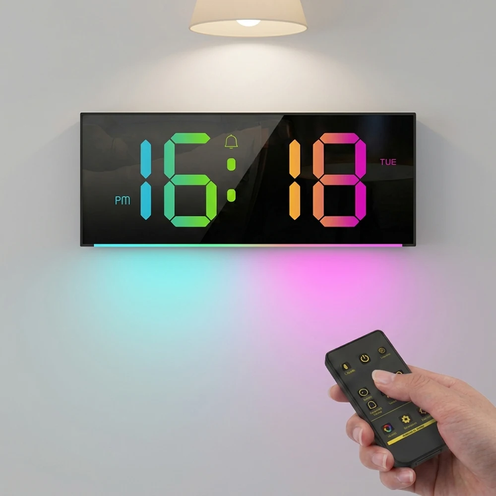 Digital LED Wall Clock with Remote Control Night Light Mood Lighting Living Room Classroom Office Wall Mounted Smart Home