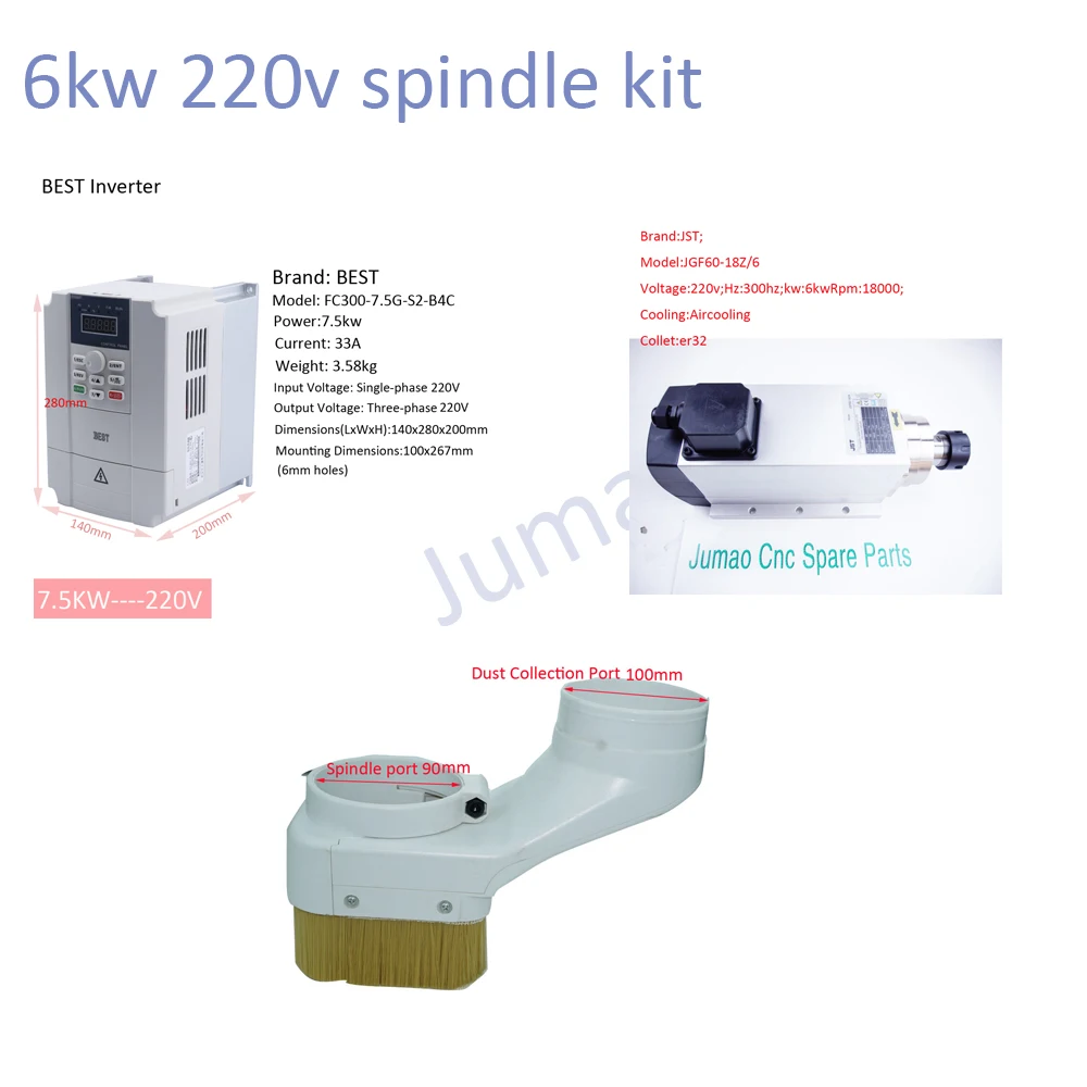 Model:JGF60-18Z/6 JST brand aircooling spindle er32 7.5kw best inverter and 90-100model dust cover for cnc router