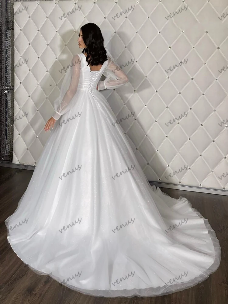 Anmutige Brautkleider bescheidene Brautkleider lange Puff ärmel V-Ausschnitt A-Linie Roben für formelle Party glamouröse Vestidos de Novia