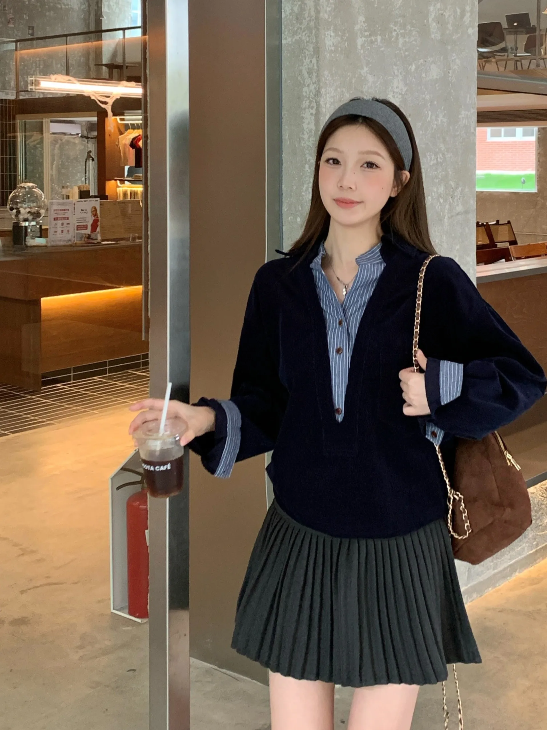 

Chic Oversized Plaid Velvet irt Women's Autumn Winter New Sle Fake Two-Piece Top Korean Loose Fit Bright Tead Patchwork