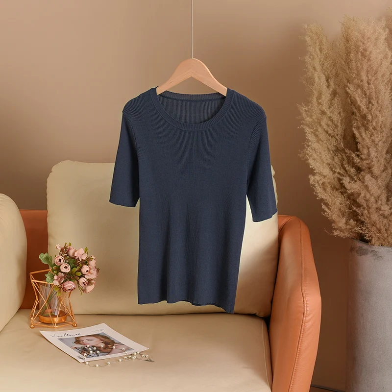 

Thin Round Necked Women's Knitted Short sleeved T-shirt 2024 Summer New Style Slim Fit Fashion Solid Ice Silk Half-sleeved Tees