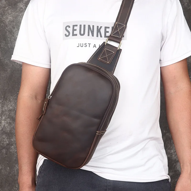 Men's leather chest bag, men's small crossbody bag, top layer cowhide, retro and unique casual men's bag