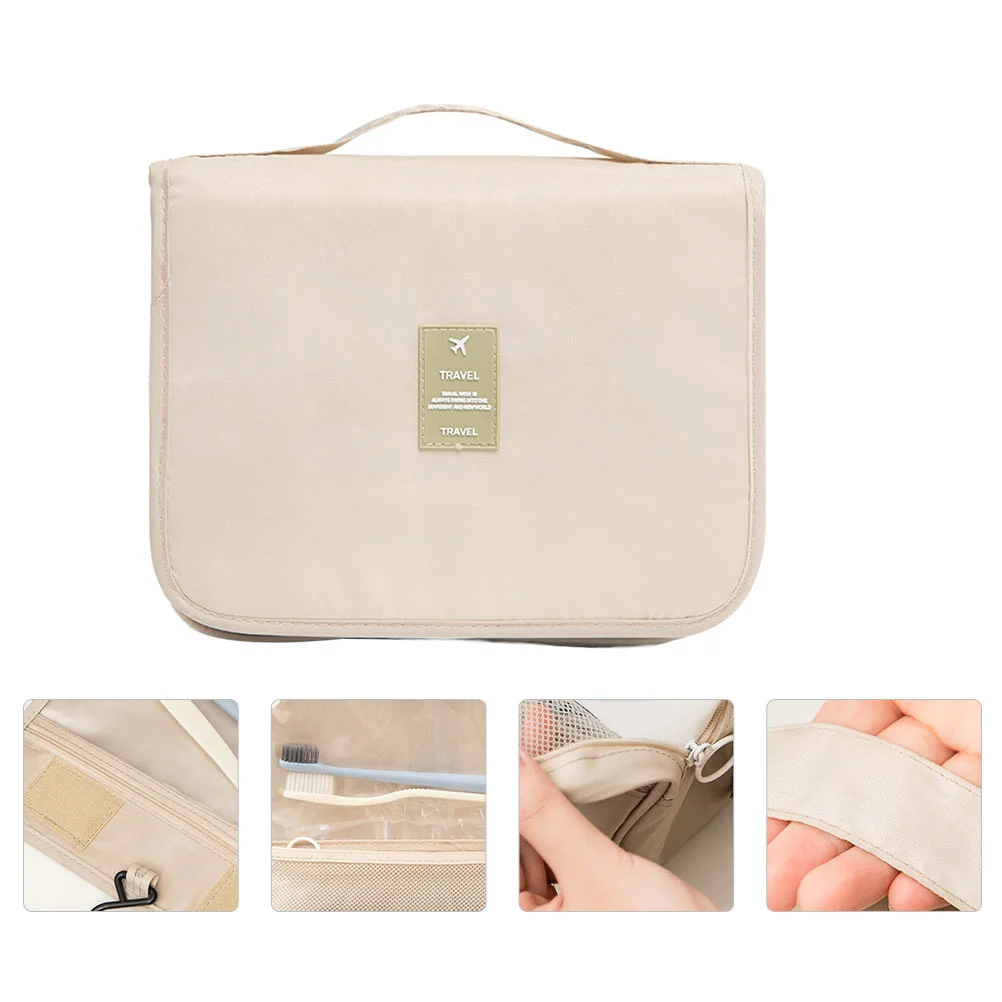 

Durable Travel Bag Beige Folding Makeup Pouch Multipurpose Organizer Visible Mesh Design Easy to Find