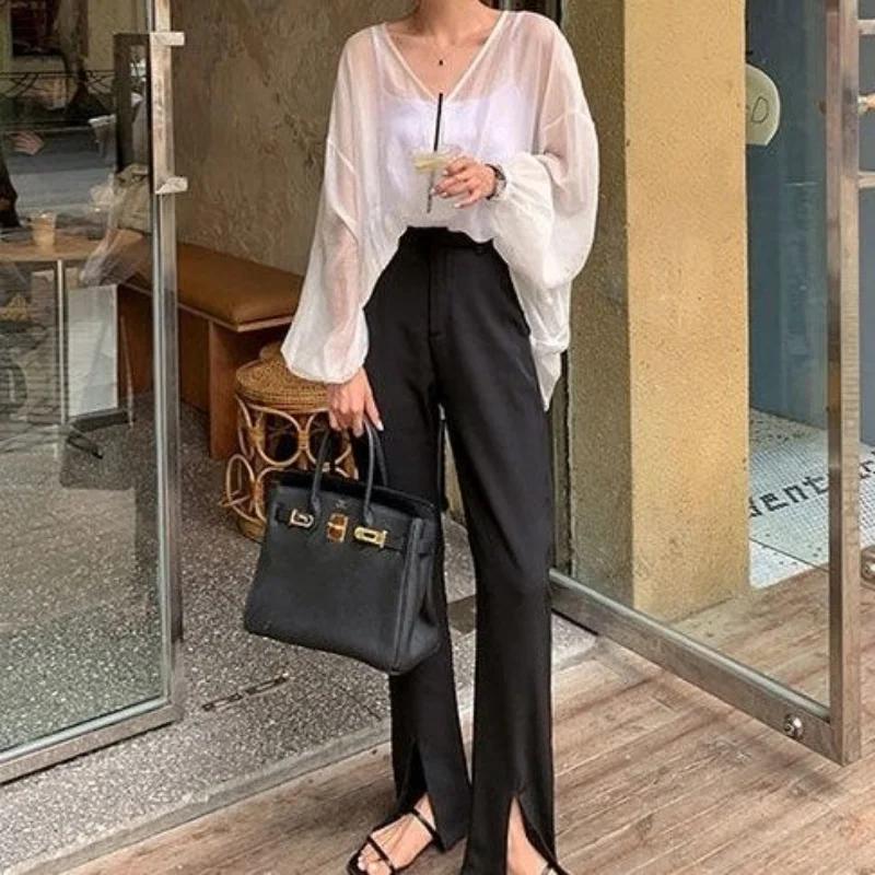 Shirts Women Temperament Sheer Hotsweet Casual Sun-proof V-neck Popular Summer Thin Simple Korean Style Female Loose Breathable