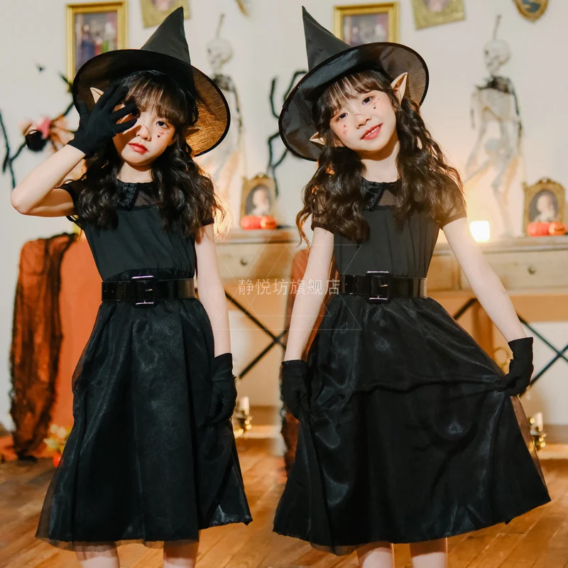 Halloween Costume Children's Witch Cosplay Clothing Black Cross Border Witch Dress Vampire Demon Girl Disfraz