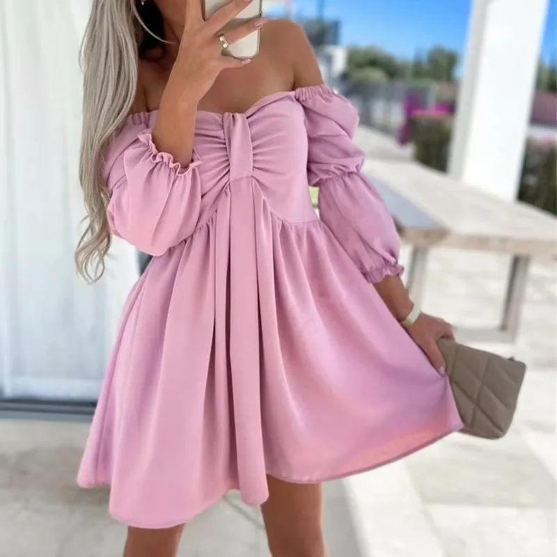 Summer Dresses Fashion Sexy Off Shoulder Strapless  High Waist Puff Sleeve Mini Dress Women Loose Casual Solid Color Dress