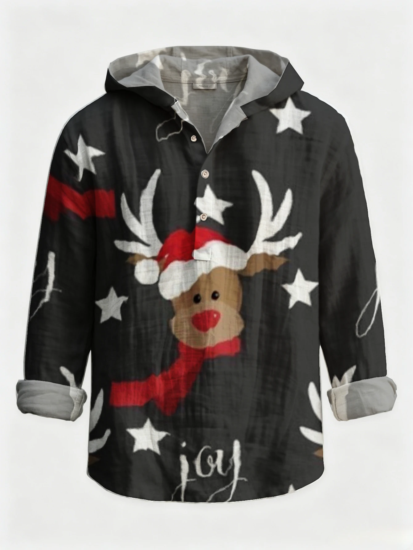 Men Xmas Cartoon Reindeer Star Graphic Hooded Henley Shirt Long Sleeve Half‑Button Loose Fit Christmas Party Daily Pullover Tops