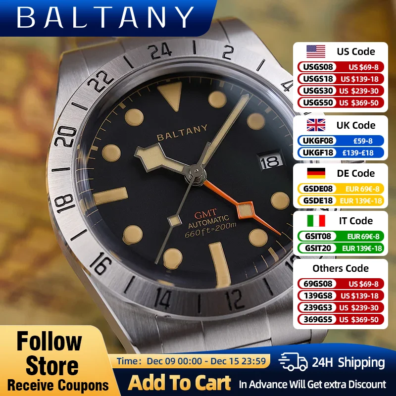 Baltany Retro GMT Watches NH34 39mm 316L Case Snowflake Hand 200M Waterproof Swiss Luminou Stainless Steel Automatic Wristwatch