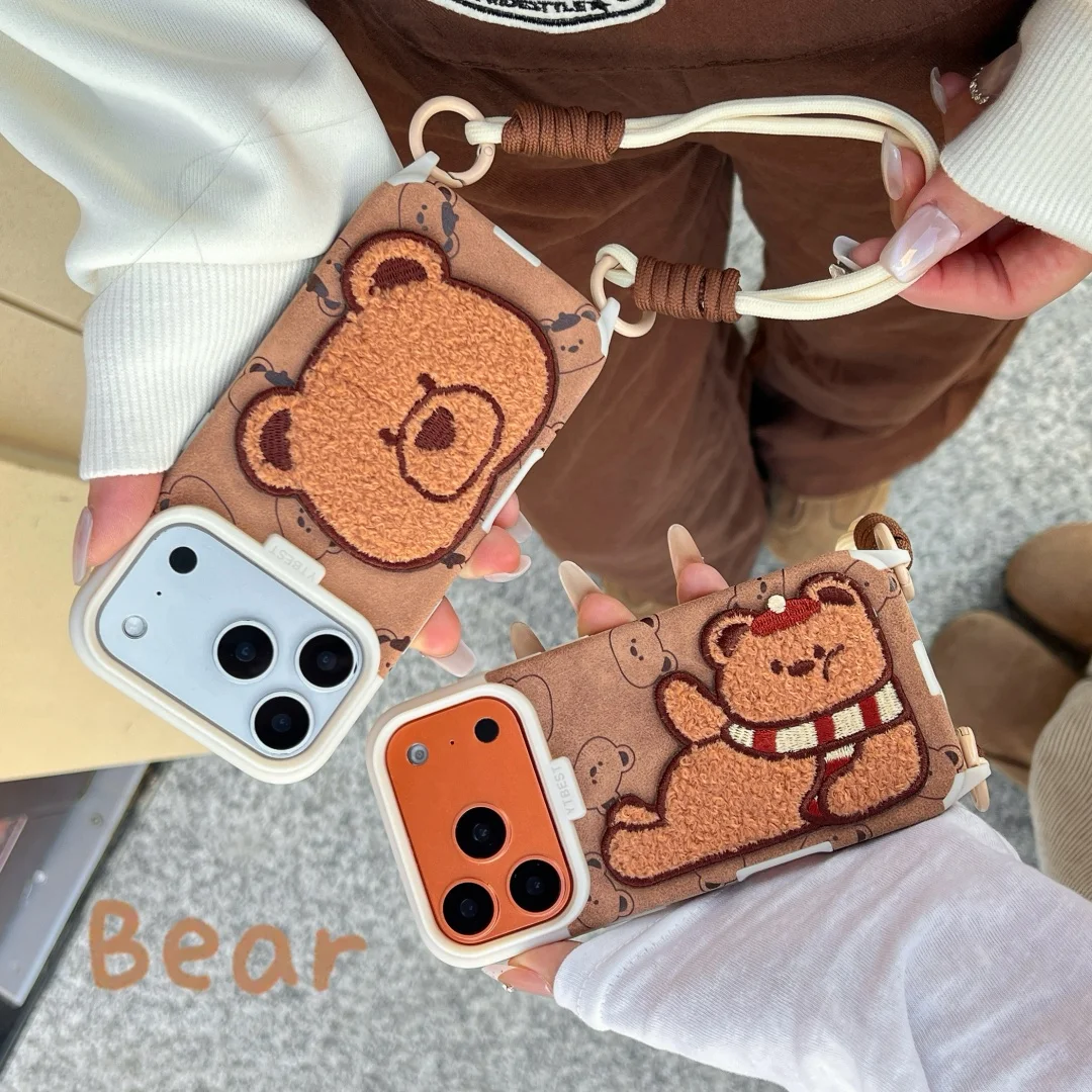 

Embroidered Plush Bear Wrist strap lanyard Phone Case For iPhone 17 16 15 14 13 Pro Max leather Soft Camera Protection Cover﻿﻿