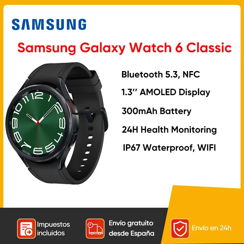 Smartwatch Samsung Galaxy Watch 6 Classic, Bluetooth 5.3, écran AMOLED 1.3, batterie 300mAh, WiFi,