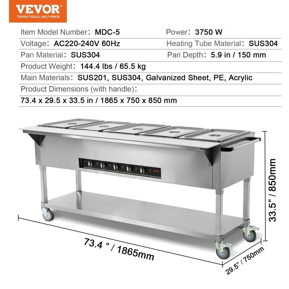 5 Pan Electric  Warmer 20.6QT Buffet Catering Steam Table 3750W Stainless Steel with 4 Wheels for Restaurant for party