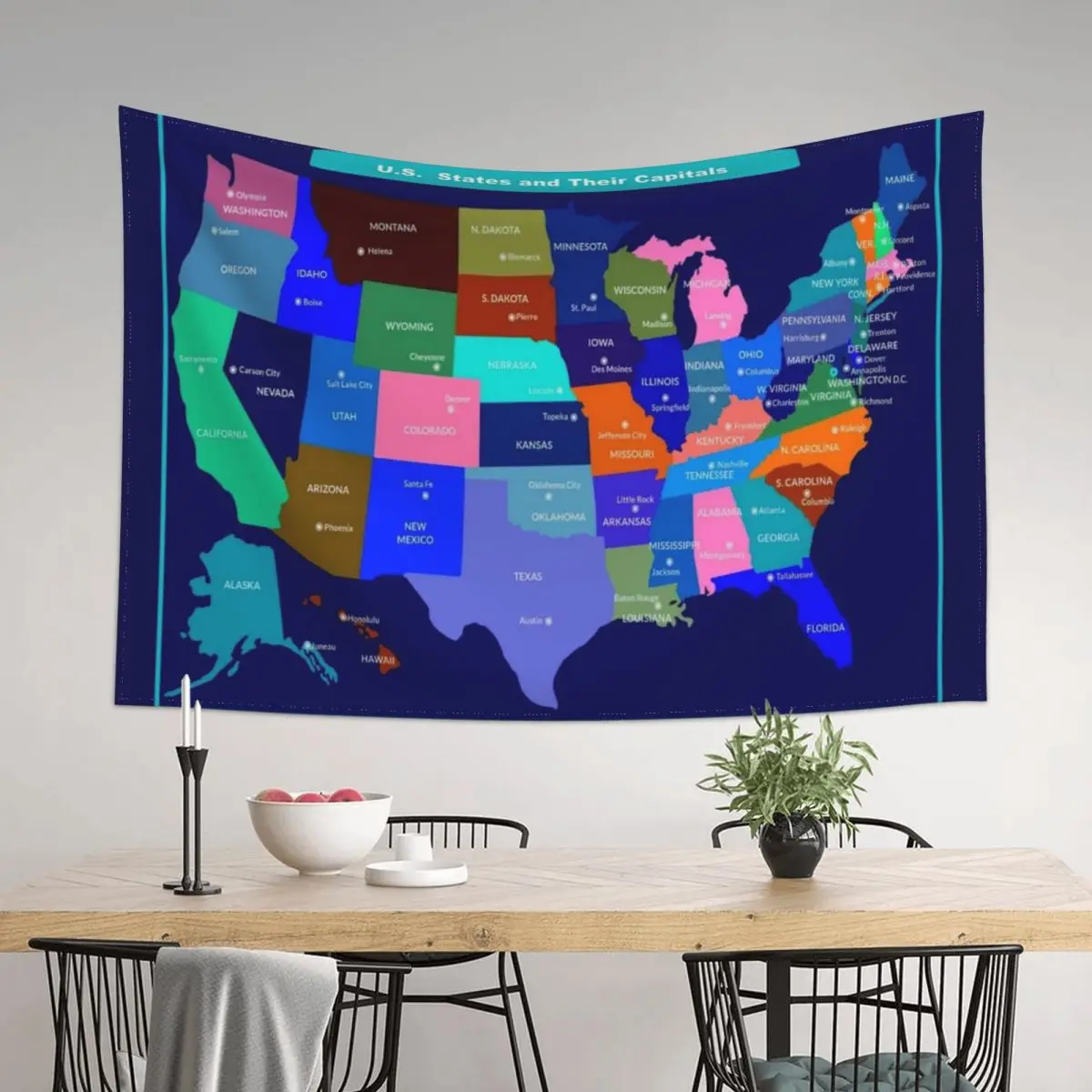 

U.S. STATES and their CAPITALS MAP : print Tapestry Things To The Room Wall Decoration Tapestry