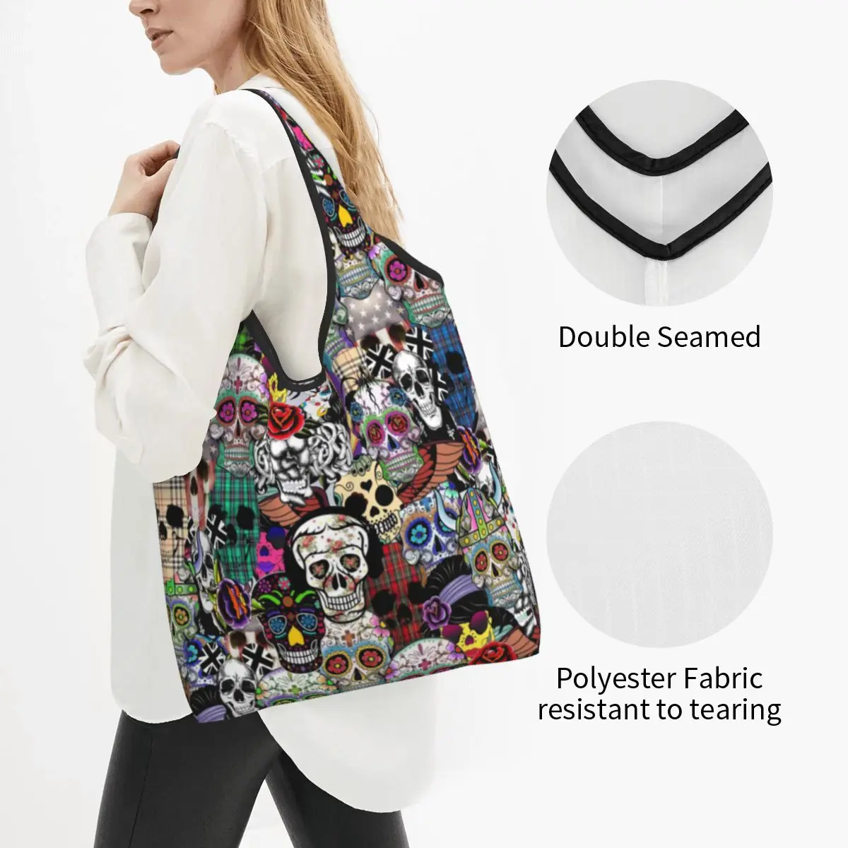 Custom Funny Printing Skull Print Horror Shopping Tote Bag Portable Shopper Shoulder Skeleton Death Handbag