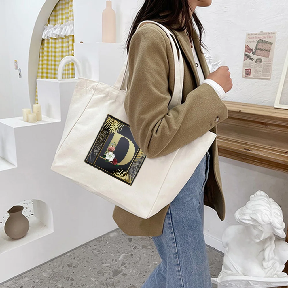 Foldable and Reusable Women's Golden Letter Series Print Pattern Shopping Bag for Leisure Students Large Capacity Canvas Handbag