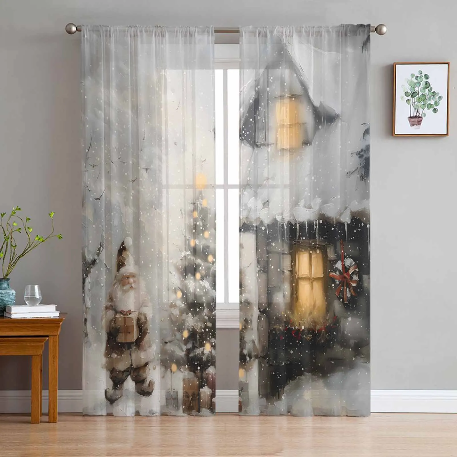 

Christmas Dwarf Forest Snow Scene Oil Painting Bedroom Transparent Sheer Curtains Holiday Decoration Window Voile Tulle Curtain