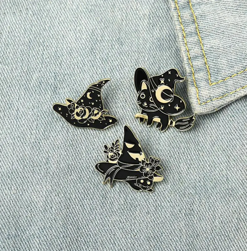Witch Cats Enamel Pin Custom Starry Wizard Hat Brooch Bag Clothes Lapel Pin Black Gothic Badge Witchcraft Jewelry Gift Friends