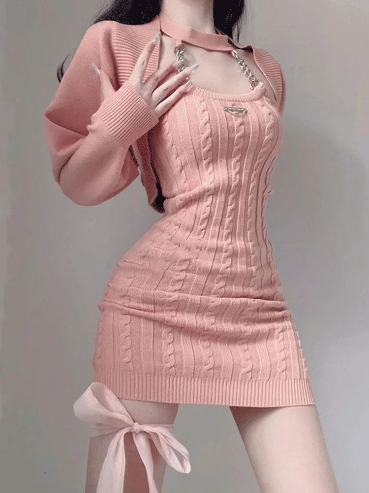 ZAZALA Sexy Pink Knitted Dress+cardian Y2k Bodycon Ribbed Dresses Women Party Night Elegant Dress Streetwear Girls Korean Dress