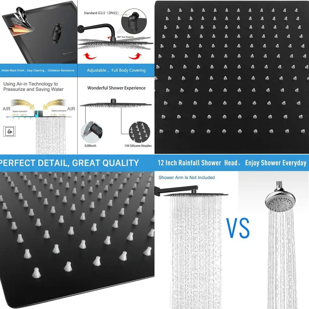 

12-Inch Matte Black High-Flow Square Rain Shower Head with Waterfall Body Spray, Ceiling or Wall Mount