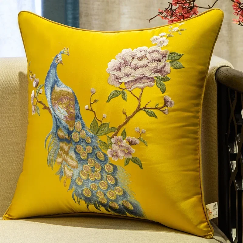 New Chinese Style Living Room Sofa Pillow Cover Embroidered Peacock Design Mahogany Sofa Cushion Cover Home Decoration Supplies