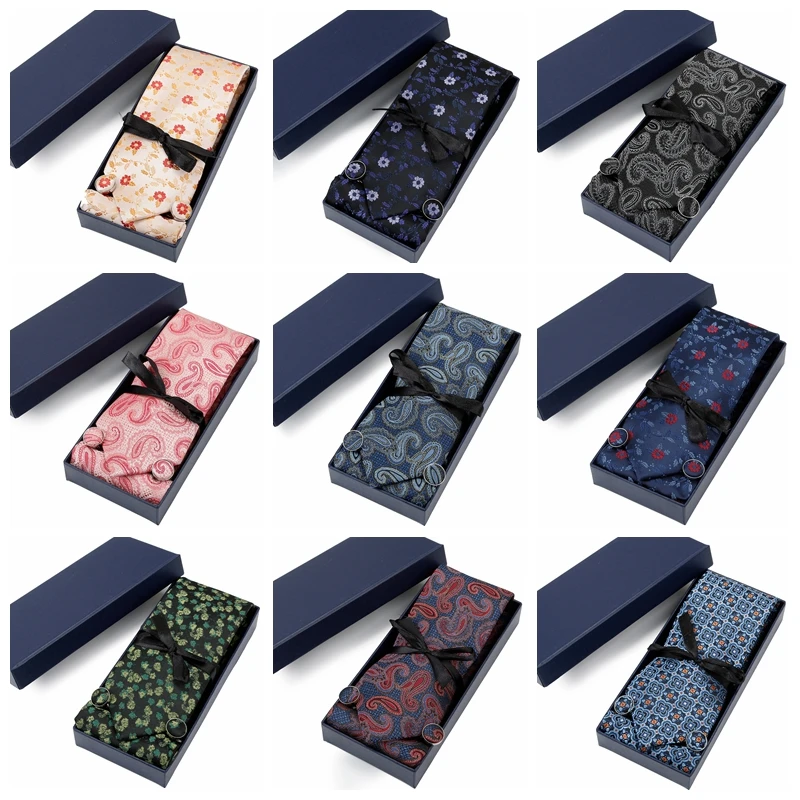 

3pc Set Tie Necktie Men Business Gift With Box Luxury Bule Box Neck Tie 3pc With Cufflinks Pocket Square Neckties For Men Gravat