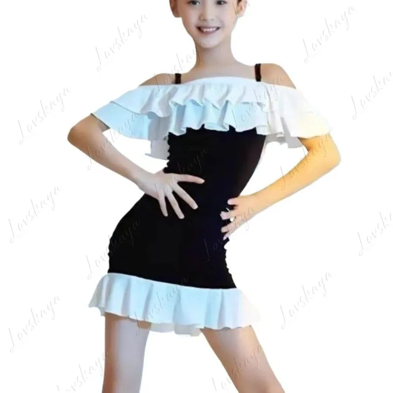 Vêtements d'été pour enfants, vêtements d'entraînement de danse latine pour filles professionnelles, épissage noir et blanc, bretelles de célébrité d'internet, nouvelle collection