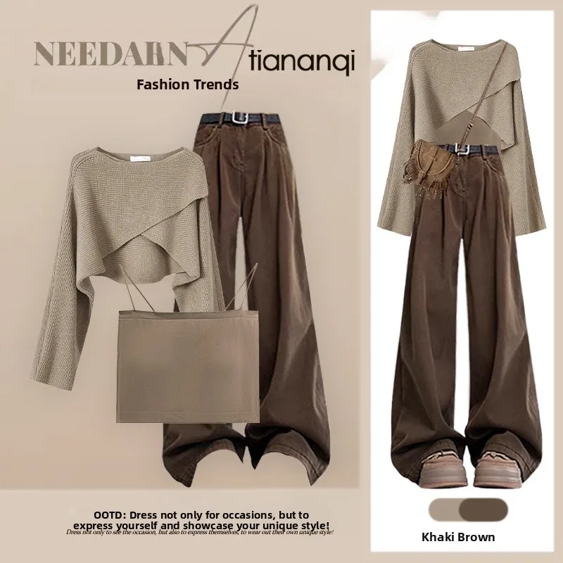 

Осенний новый повседневный модный вязаный асимметричный свитер с бретельками, брюки с высокой талией и широкими штанинами, комплект из двух предметов, женская мода