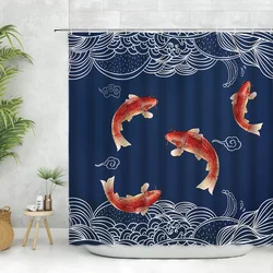 Chinese Style Goldfish Shower Curtain Set Koi Fish Watercolor Waves Wall Decorate White Cloth Bathroom Curtains Polyester Fabric